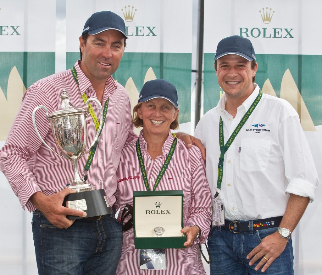 Line Honours Presentation L2R-Mark Richards, skipper of Wild Oats XI, Adrienne Cahalan, co-navigator of Wild Oats, and Patrick Boutellier, Rolex Australia ©  Rolex / Carlo Borlenghi http://www.carloborlenghi.net